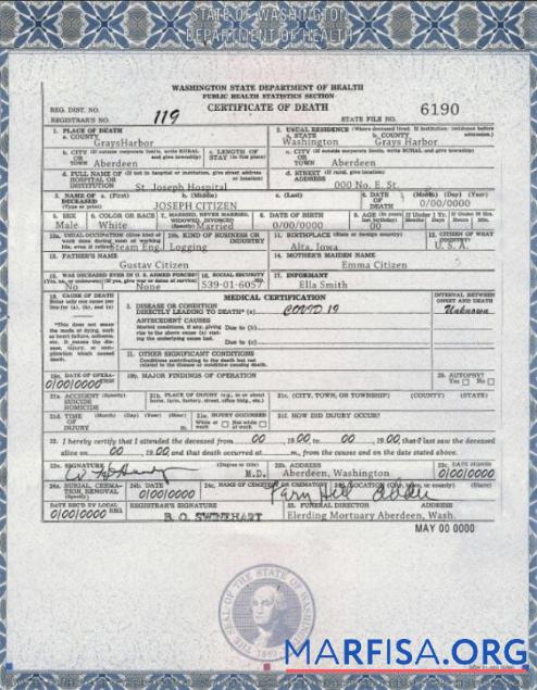 Blank USA Washington state death certificate template in PSD format